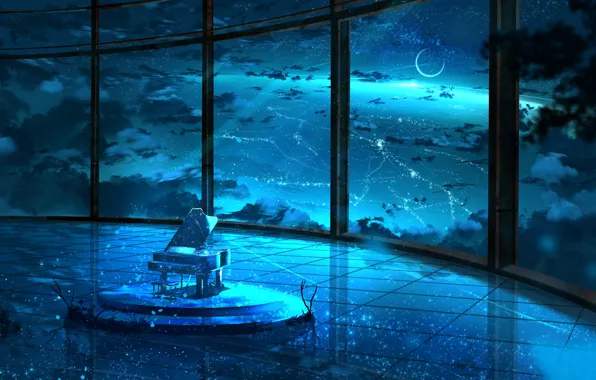 Picture room, the moon, night, the sky, piano