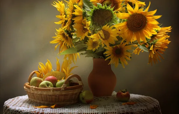 Picture sunflowers, table, basket, apples, vase, still life, yellow, tablecloth