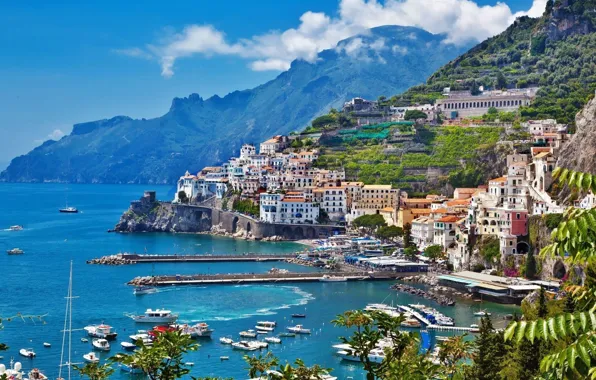 Picture sea, mountain, home, yachts, Italy, Amalfi