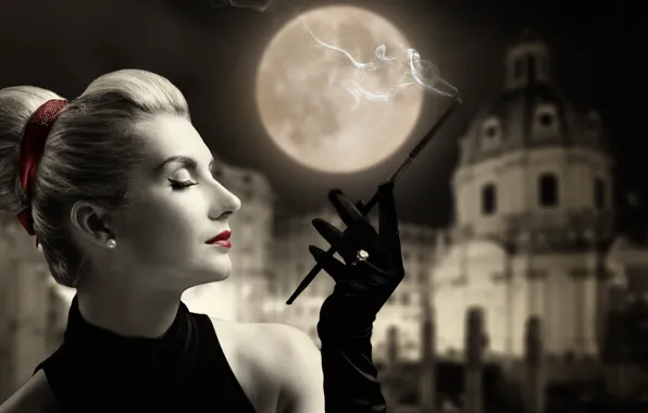 Picture girl, style, retro, the moon, lipstick, ring, cigarette, gloves