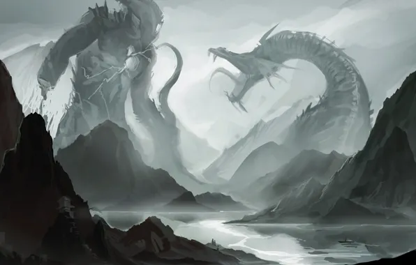 Picture mountains, river, boat, monster, mouth, fangs, battle, fight