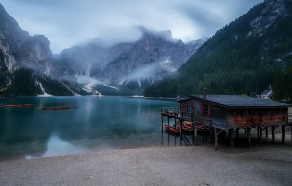 Forest, mountains, fog, lake, boats, Alps, house, fishing