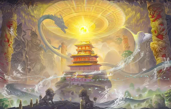 Magic, Asia, dragons, spirit, art, columns, temple, cave