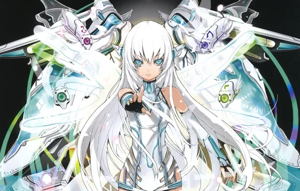 Wings, girl, white hair, kaku-san-sei million arthur
