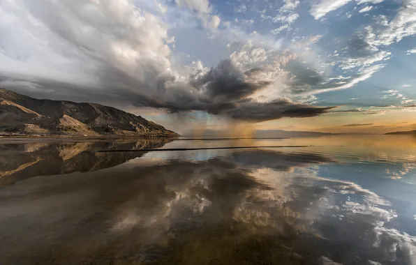 The sky, water, reflection, mountains, clouds, storm