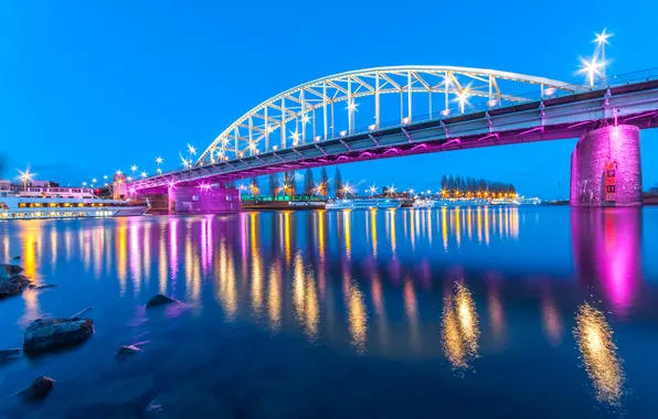 Bridge, lights, river, shore, the evening, lights, Netherlands, ships