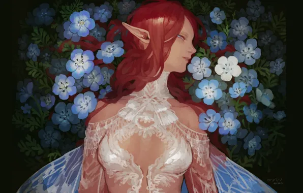 Picture red, lace, elf, wings, white dress, long hair, forget-me-nots, in profile