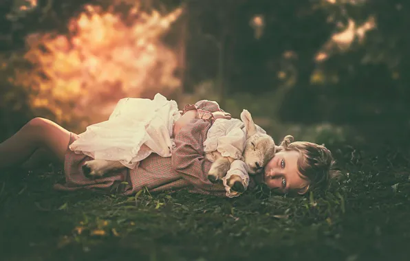Picture child photography, dress, goat, grass, girl