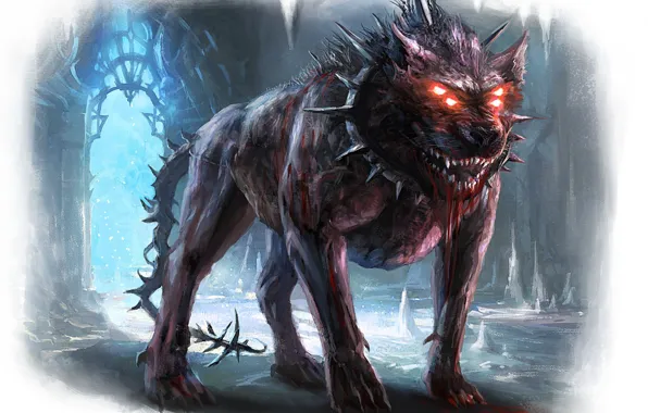 Picture blood, rage, fangs, the guardian, anger, fantasy art, dog collar with spikes, Garm