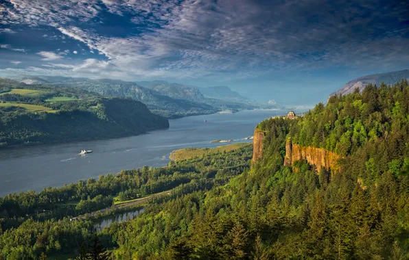 Forest, clouds, mountains, fog, lake, river, blue, castle