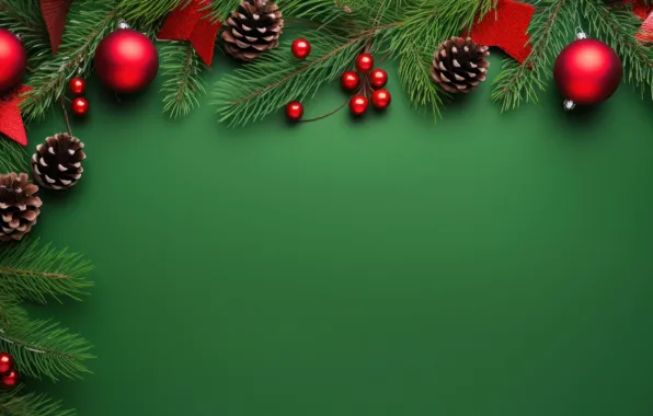 Balls, branches, Christmas, red, New year, needles, bumps, green background