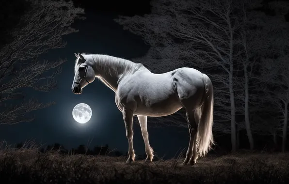Picture forest, white, trees, night, nature, the dark background, horse, the moon