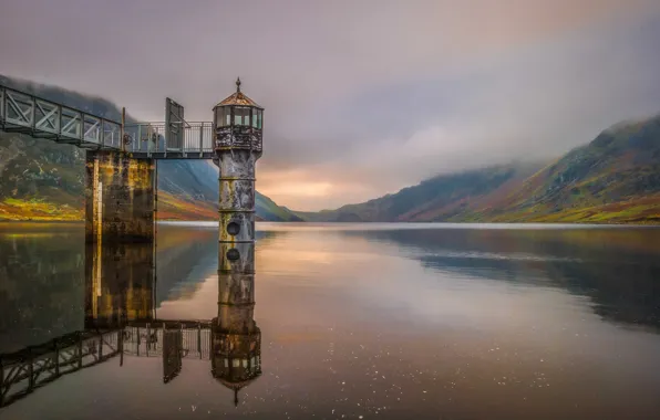 Mountains, nature, lake, tower, Wales, Llyn Could