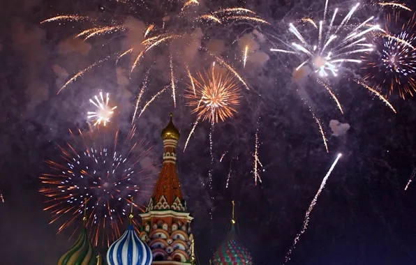 Salute, Moscow, Cathedral, fireworks, Russia, Moscow, New Year, St. Basil's Cathedral
