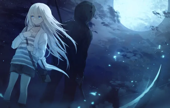Night, the moon, pair, hood, girl, guy, Angel bloodshed, Satsuriku no Tenshi