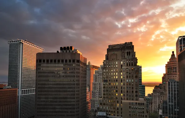 Clouds, sunset, building, Sunset, Manhattan, Lower, New York City