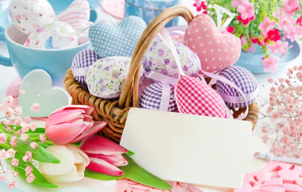 Flowers, basket, spring, Easter, hearts, tulips, happy, heart