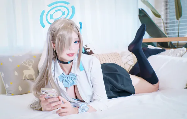 Picture cleavage, blue eyes, model, women, cosplay, blonde, looking at viewer, women indoors