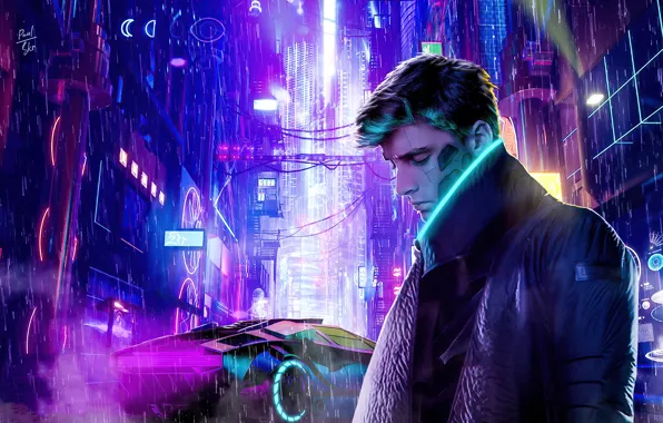 Wallpaper Car, Gun, Neon, Man, Cyberpunk, Futuristic for mobile