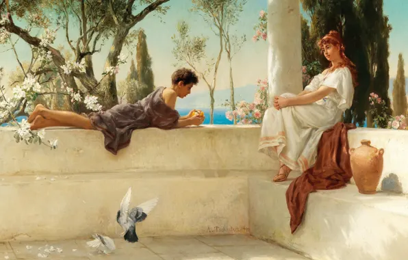Picture 1892, On the terrace, German painter, German painter, oil on canvas, Albert Tschautsch, At the …