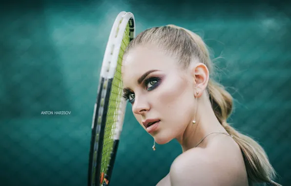Picture look, girl, face, background, portrait, makeup, racket, tennis