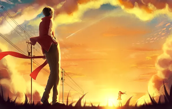 The sky, girl, the sun, clouds, sunset, posts, wire, anime