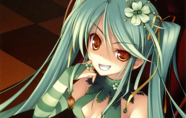 Look, smile, strip, pendant, neckline, vocaloid, Hatsune Miku, blue hair