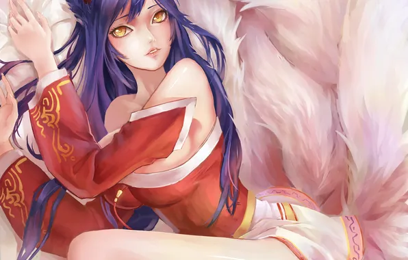 Picture girl, art, league of legends, tails, ahri, feng dai hr