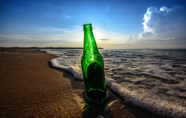 Beach, the sky, clouds, bottle, beer, shadows, sunrise