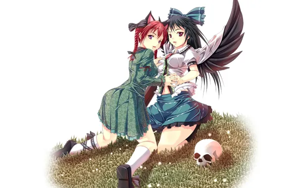 Skull, braids, ears, friend, on my knees, green dress, Reiu Equipment, Utsuho, black wings