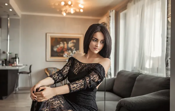 Picture girl, pose, room, dress, beautiful, shoulders