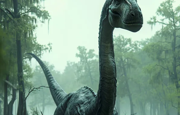 Water, Lake, Trees, Face, Dinosaur, Neck, Animal, Digital art