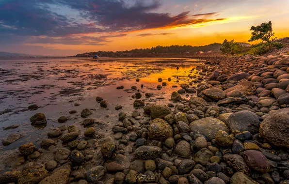 The sky, sunset, river, stones, shore, Philippines, Ozamiz City