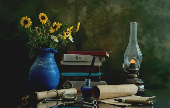 Picture flowers, watch, books, lamp, still life, scroll, ink