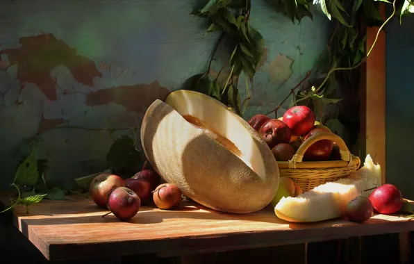 Basket, apples, still life, melon