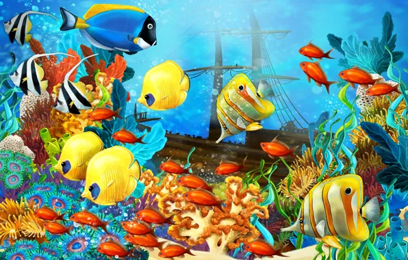 Picture fish, ship, sailboat, corals, the bottom of the sea