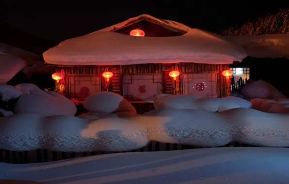 Picture snow, house, holiday, New Year, lights, year, New Year, 2014