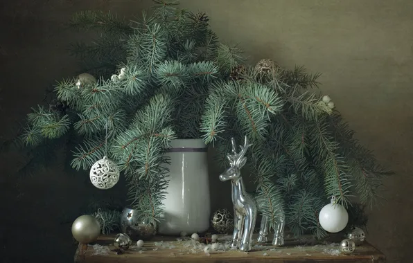 Balls, branches, table, bouquet, deer, Christmas, New year, pitcher