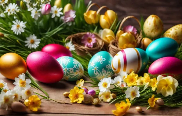 Flowers, eggs, spring, colorful, Easter, happy, flowers, spring