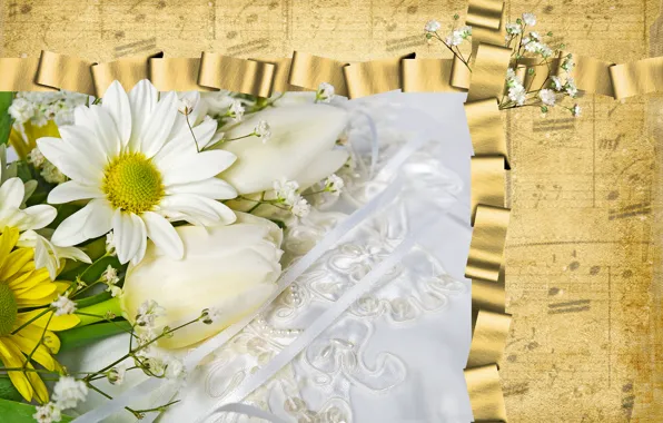 Chamomile, tulips, decor, Tulips, Camomiles