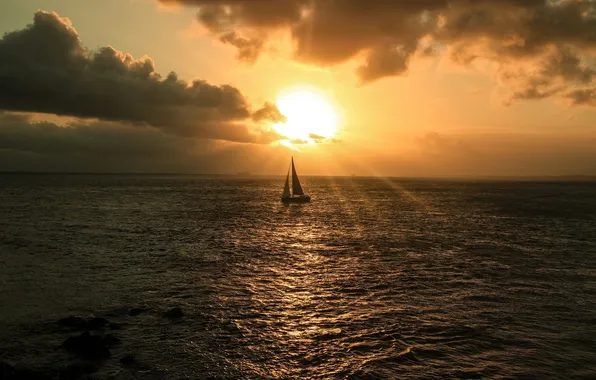 Sea, the sun, clouds, sunset, romance, shore, boat, the evening