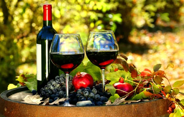 Wine, glasses, grapes, garnet