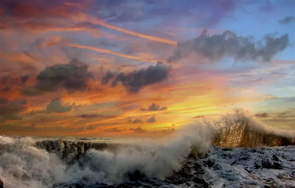 Clouds, sunset, Wave