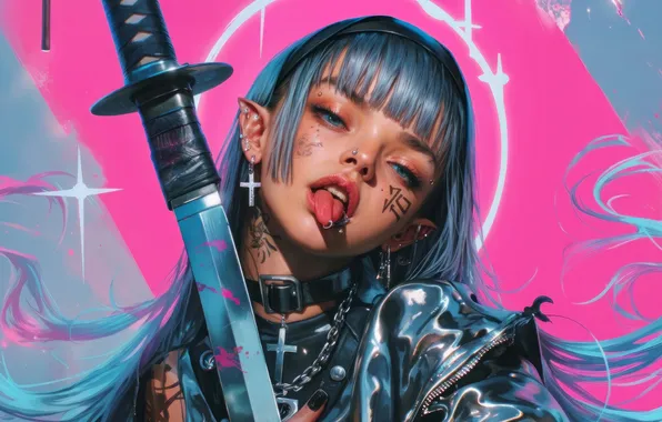 Pink, Anime, Katana, Anime Girl, AI Generated, Tongue Out