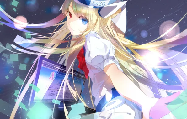 Picture girl, hat, anime, art, form, laptop, heterochromia, h2so4kancel