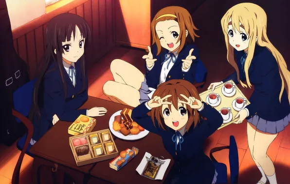 Picture table, girls, mood, tea, sweets, Schoolgirls, K-ON