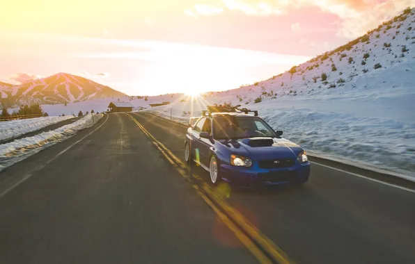 Picture road, the sun, snow, mountains, speed, Subaru, wrx, impreza