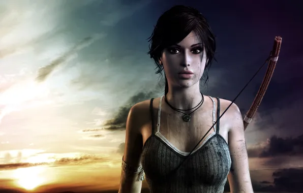 Sunset, bow, beautiful, Tomb Raider, string, Lara Croft