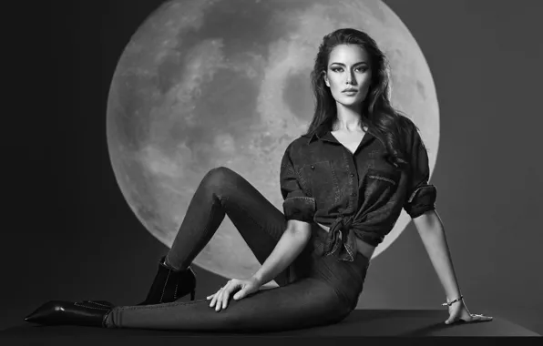 Look, girl, the moon, actress, black and white, monochrome, monochrome, black and white
