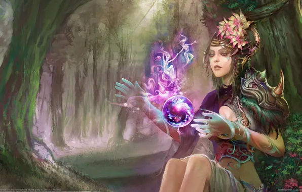Forest, girl, magic, fairy, art, Huang Tea